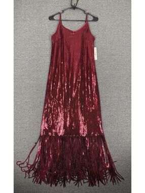 Nanette Lepore Womens 8 Red Art Deco Sequin Fringe Flapper Dress Retro Sparkly